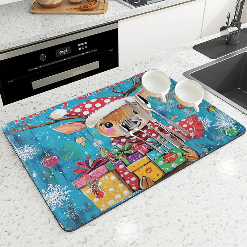 Axyaa Christmas Deer Drying Mat - Absorbent & Antiskid Kitchen and Bathroom Pad