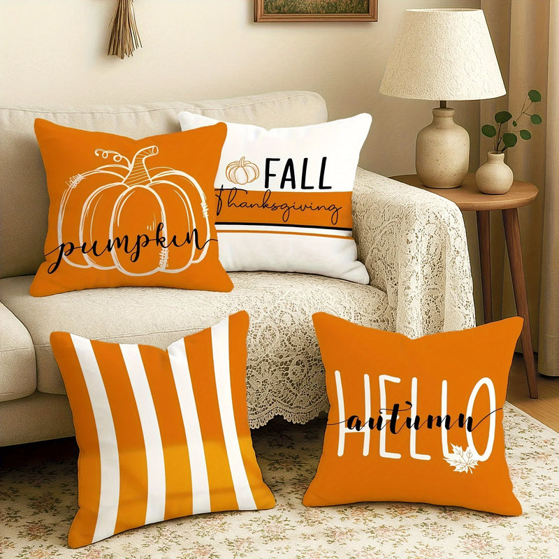 Velvet Fall Pillow Covers - Pumpkin, Maple Leaf & Striped Design, 45x45cm, Axyaa Brand