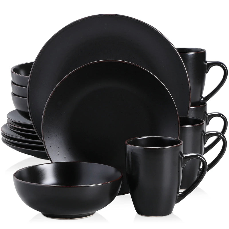 Axya 48-Piece Black Stoneware Dinner Set: Plates, Bowls, Cups - VANCASSO MODA