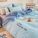 Axyaa Washed Cotton Bedding Set 4 Piece Solid Comforter Cover Fitted/Flat Sheet