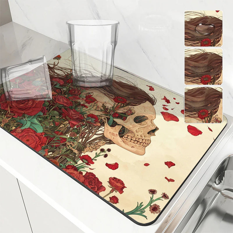 Axyaa Floral Skull Absorbent Dish Drying Mat with Rubber Backing