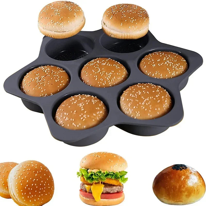 Axyaa 6-Hole Silicone Hamburger Mold for Oven Baking and Bread Making