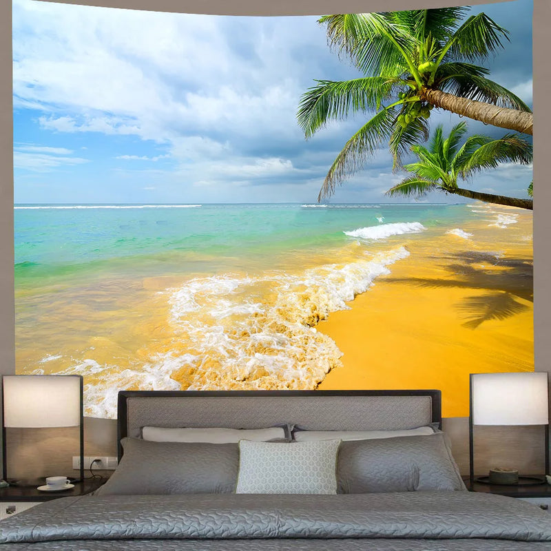 Beach Turtle Tapestry Coconut Tree Wave Wall Hanging Towel Room Decor by Axyaa