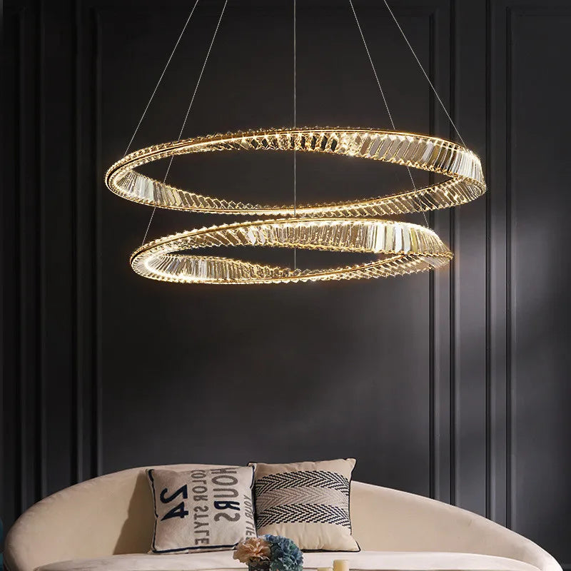Luxury Gold Plated Steel Ring Pendant Light with Dimmable LEDs and K9 Crystals