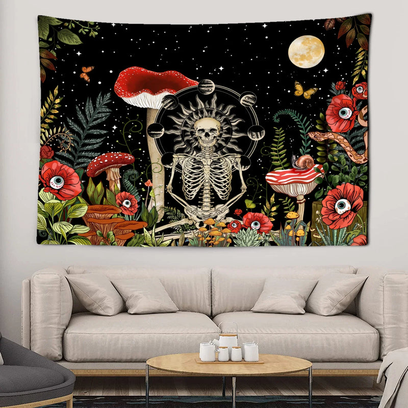 Axyaa Mushroom Skull Psychedelic Tapestry Sunshine Hippie Flowers Wall Tapestry