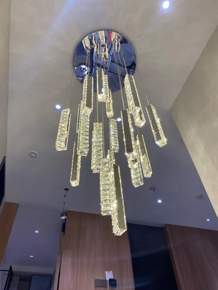 Axyaa Large Spiral Staircase Crystal Chandelier Luxe Pendant Chrome Plated