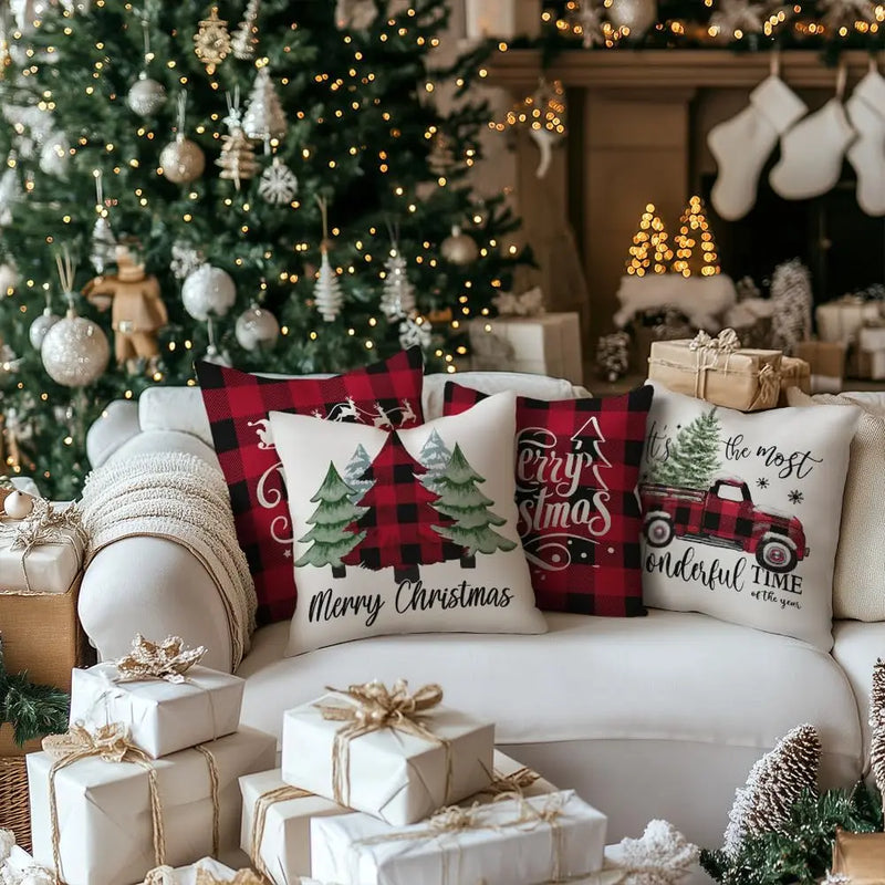 Christmas Tree Truck Buffalo Plaid Believe Pillow Covers by Axyaa