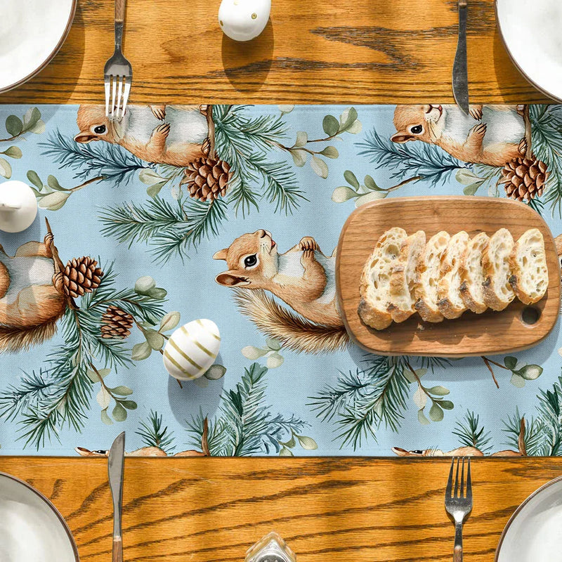 Axyaa Christmas Squirrel Table Runner Pine Cone Decoration Dining Coffee Runners