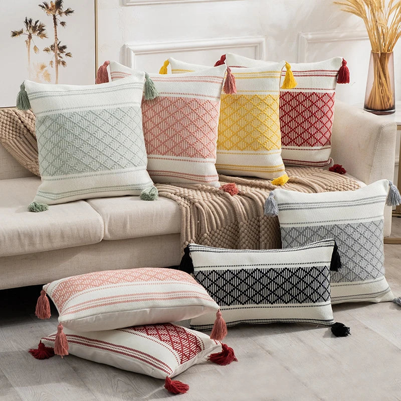 Axyaa Boho Diamond Jacquard Cushion Cover with Tassels for Home Decor