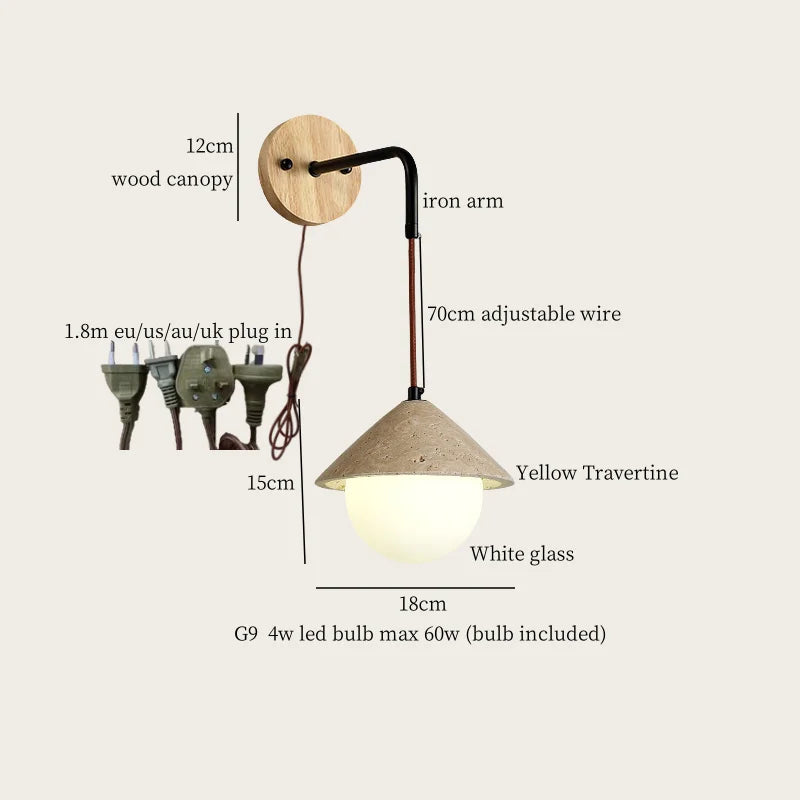 Axyaa Stone Glass LED Wall Light 70CM Adjustable Yellow Travertine Wabi Sabi Bedroom Lamp