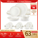 Axyaa 16/32-Piece White Bone Tableware Set with Golden Rim, Dinnerware & Bowl Set