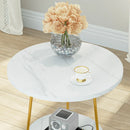 Axyaa Faux Marble 2 Tier Round End Table with Shelves White and Gold