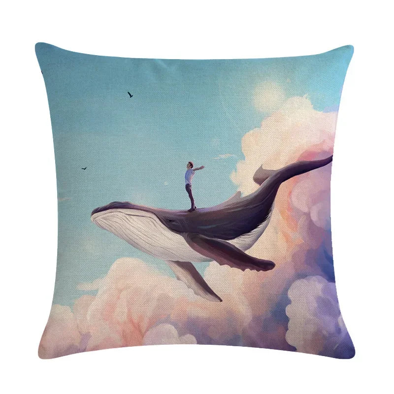 Whale Print Linen Pillowcase for Home and Office Decor by Axyaa