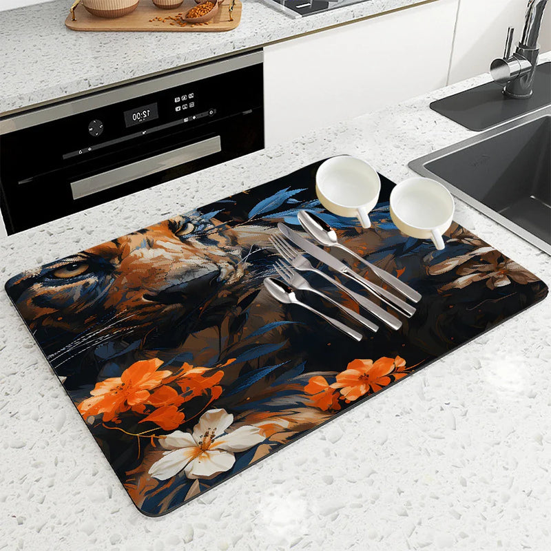 Axyaa Tiger Plant Flowers Drying Mat: Non-Slip Absorbent Tableware Mat