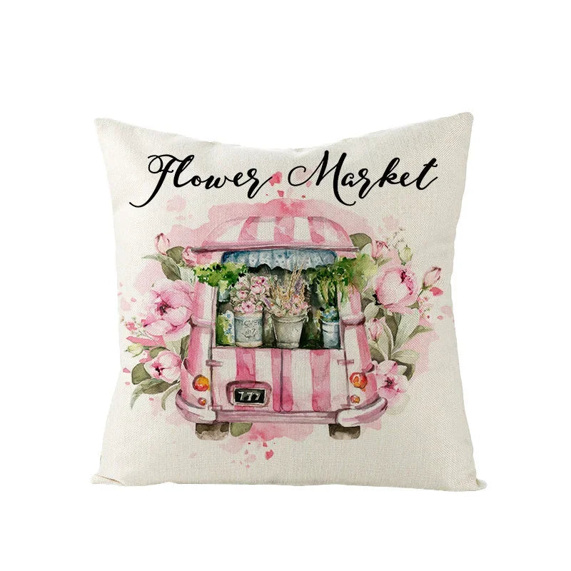 Pink Truck Flower Print Cushion Cover 45x45cm - Axyaa