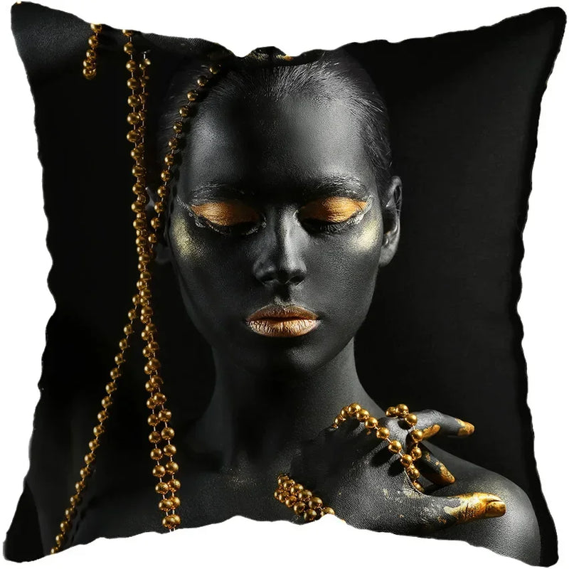 Axyaa Black Gold African Lady Woman Art Deco Pillowcase