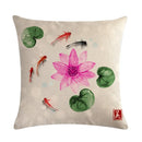 Axyaa Lotus Carp Print Cushion Cover for Home Decor on Mahogany Chair