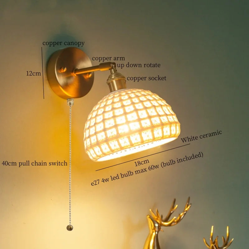 Axyaa Nordic LED Wall Lamps, Modern Copper Arm Ceramic Light for Living Room, Bedroom