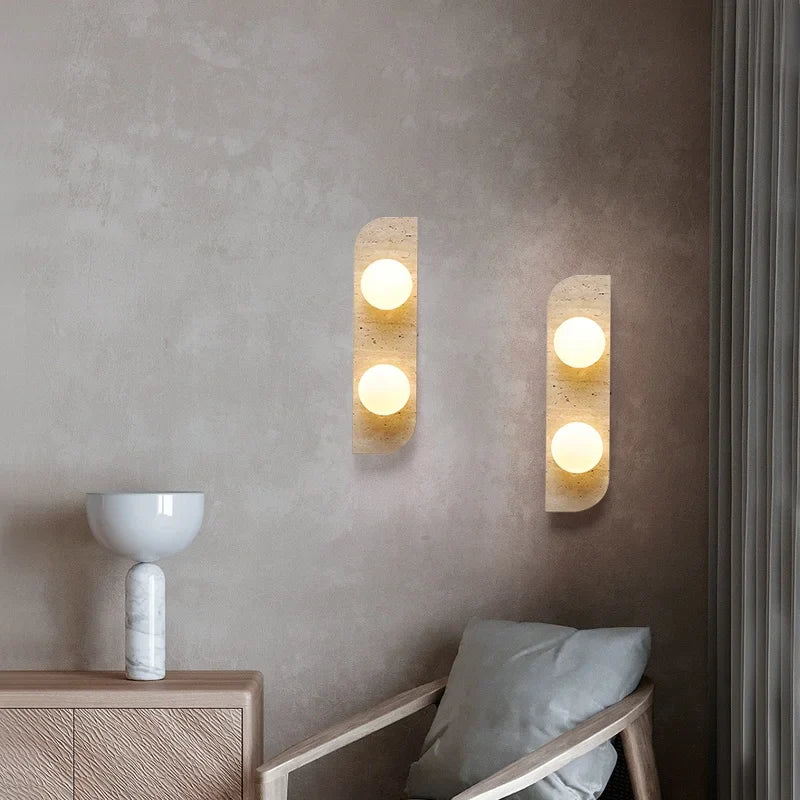 Axyaa White Glass Ball LED Wall Lamp Yellow Travertine Modern Bathroom Mirror Light