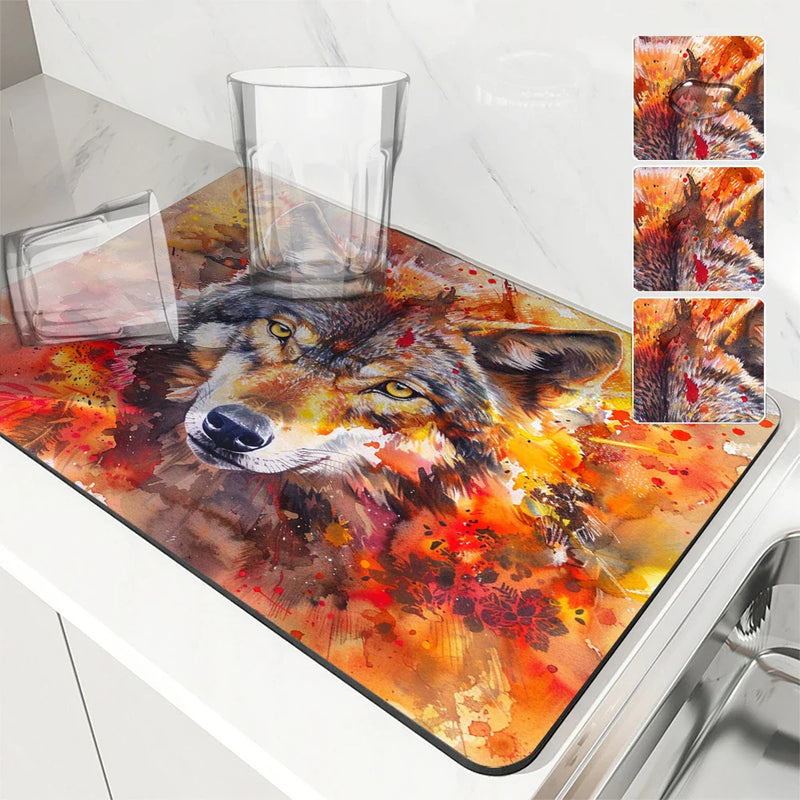 Axyaa Animal Painting Effect Kitchen Drying Mat, Non-Slip Tableware Pad