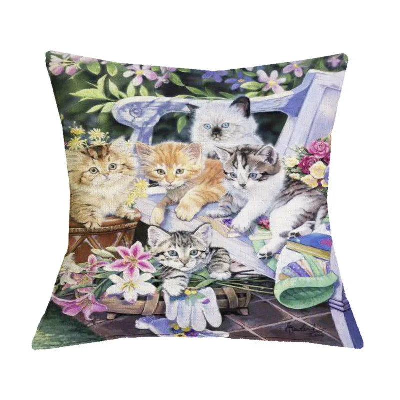 British Cat Golden Retriever Print Linen Cushion Cover - Axyaa Home Decor