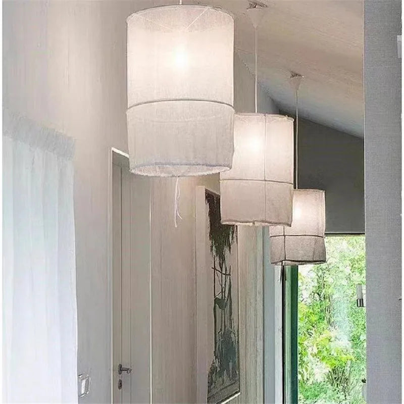 Axyaa White Linen Pendant Lamp: Nordic Design Bamboo LED Lighting for Indoor Spaces