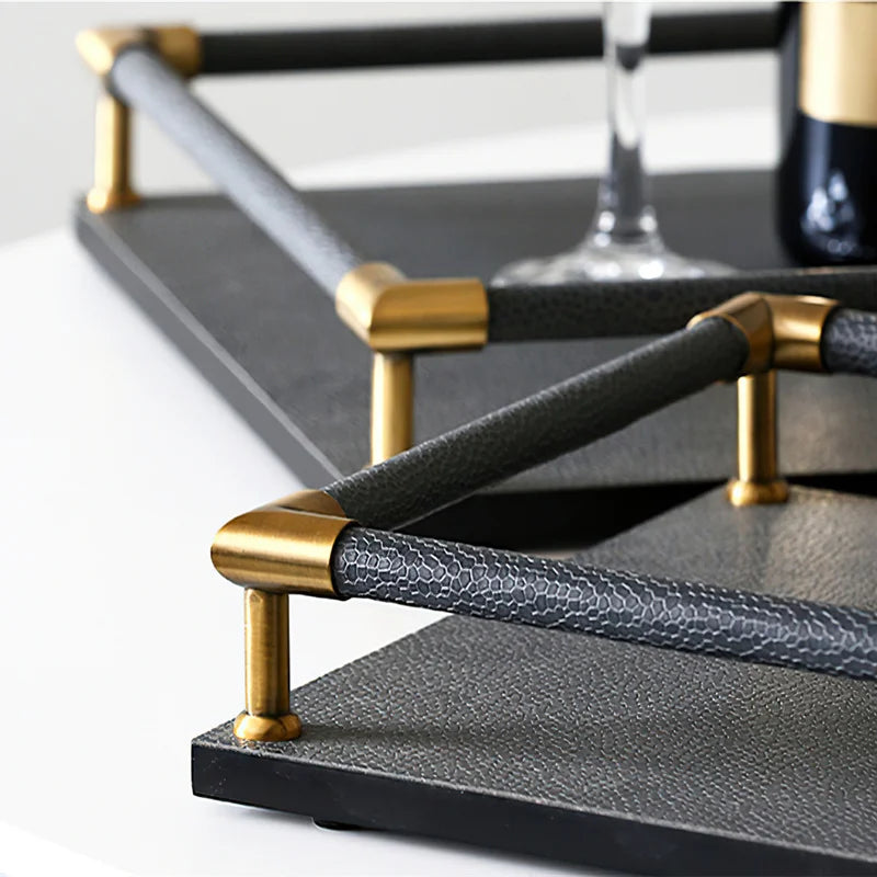 Axya Leather Nordic Handle Storage Tray for Tea Set and Groceries