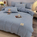 Axyaa Washed Cotton Striped Plaid Four-Piece Bed Sheet Set