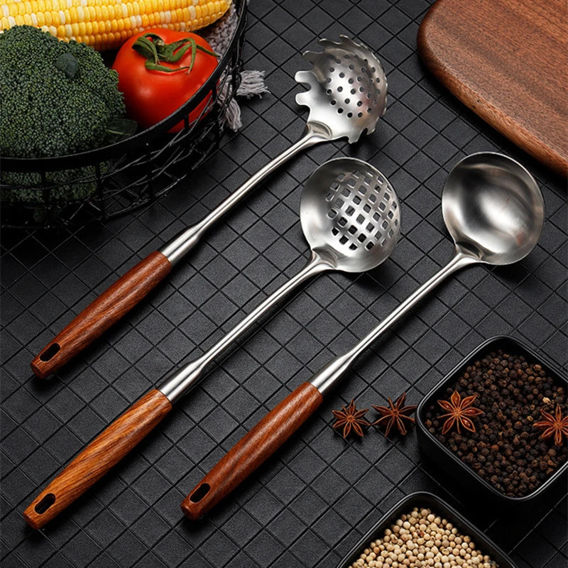 Axyaa Stainless Steel Wooden Handle Soup Spoon Colander Skimmer - Kitchen Tableware