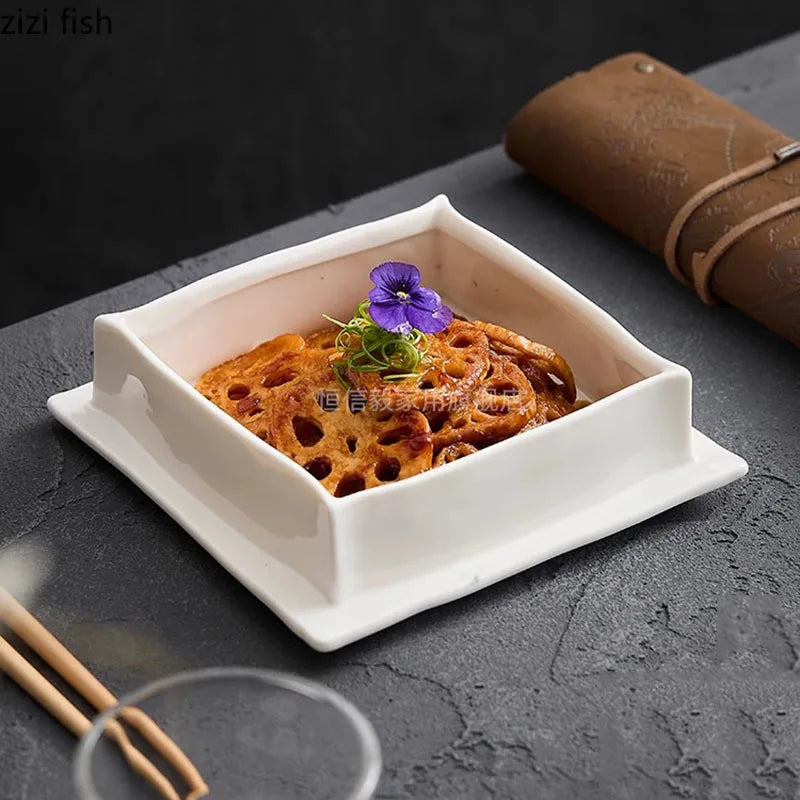 Axya White Ceramic Square Dining Plate for Molecular Cooking and Specialty Tableware