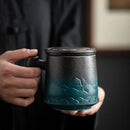 Ceramic Strainer Tea Cup with Lid and Wood Handle - Axyaa Vintage Japanese Mug