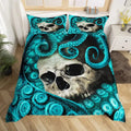 Axyaa Octopus Skull 3D Print Duvet Cover Set Blue Cotton Comforter Bedding with 2 Pillow Shams