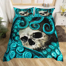 Axyaa Octopus Skull 3D Print Duvet Cover Set Blue Cotton Comforter Bedding with 2 Pillow Shams