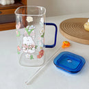 Axyaa Animal Glass Cups with Lid and Straw | Cute Kawaii Coffee Mugs for Drinks