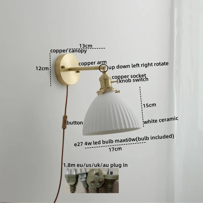 Nordic Modern LED Wall Light Axyaa Ceramic Bedside Lamp Pull Chain Switch