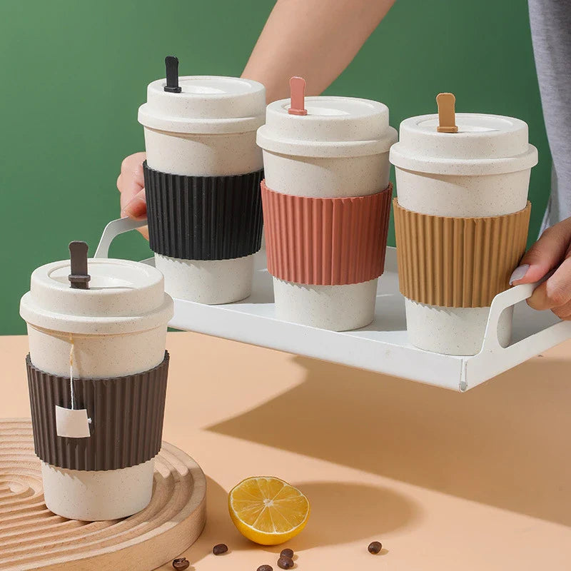 Axyaa Reusable Wheat Straw Coffee Cup With Lid 450ml - Portable & Dishwasher Safe