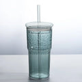 Axyaa Glass Cup with Lid & Straw, Transparent Stripe Mug for Milk Coffee Juice Tea