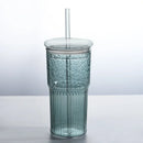 Axyaa Glass Cup with Lid & Straw, Transparent Stripe Mug for Milk Coffee Juice Tea