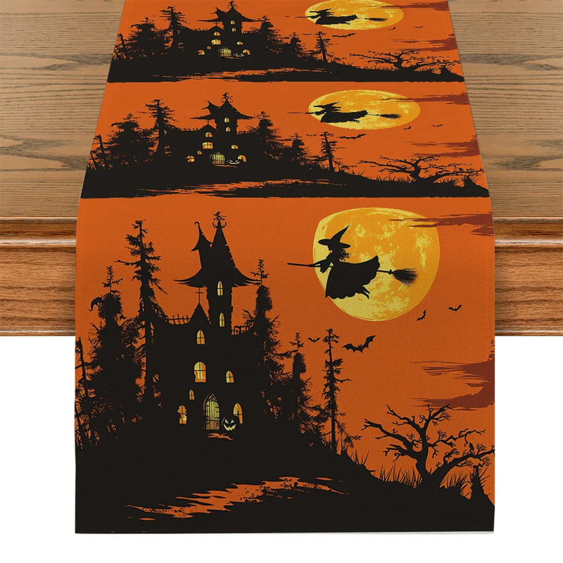 Axyaa Halloween Magic Broom Castle Table Runner - Farmhouse Wedding Party Decor