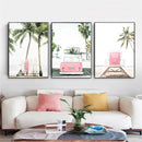 Pink Surfboard Wall Poster Beach Canvas Painting Coconut Tree Art Prints by Axyaa