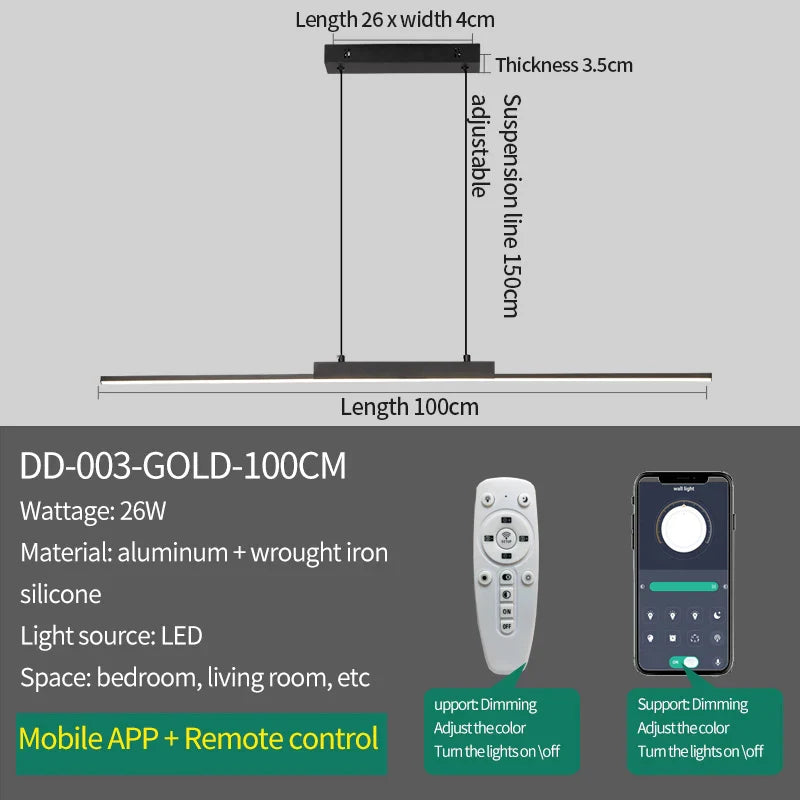 Axyaa Black Gold Chandelier: Modern Living Room Pendant Light with Phone APP Dimming