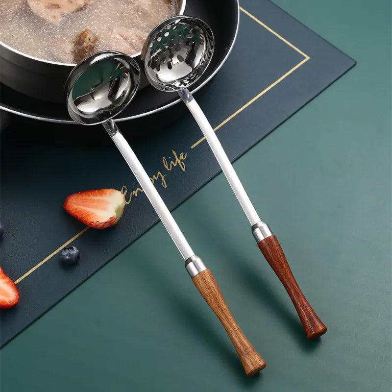 Axyaa Wooden Handle Skimmer Ladle Stainless Steel Tablespoons