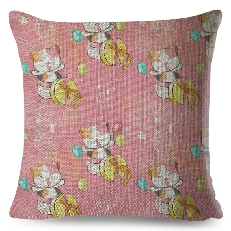 Axyaa Cat Cushion Cover: Decorative Linen Pillow for Home, Sofa, Children's Room