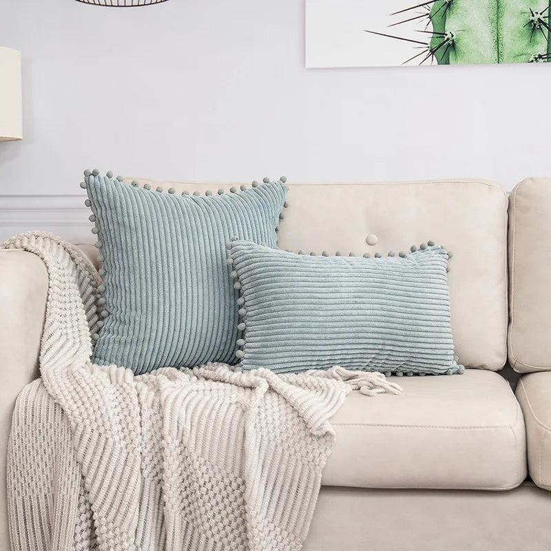 Lumbar Corduroy Boho Cushion Cover with Pom Pom Detail by Axyaa