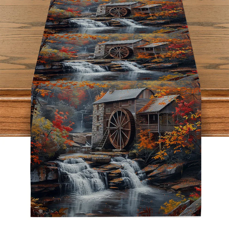 Axyaa Wooden Forest Table Runner: Autumn Scenery River Building Kitchen Dining Decoration