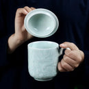 Axya Shadow Green Carving Teacup with Lid for Office and Home