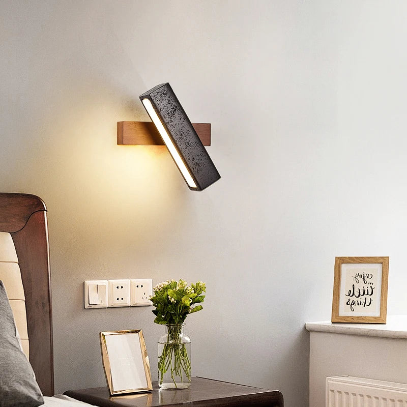 Axyaa Wabi Sabi LED Wall Light Black Travertine Wood Pull Chain Switch Bedside Lamp