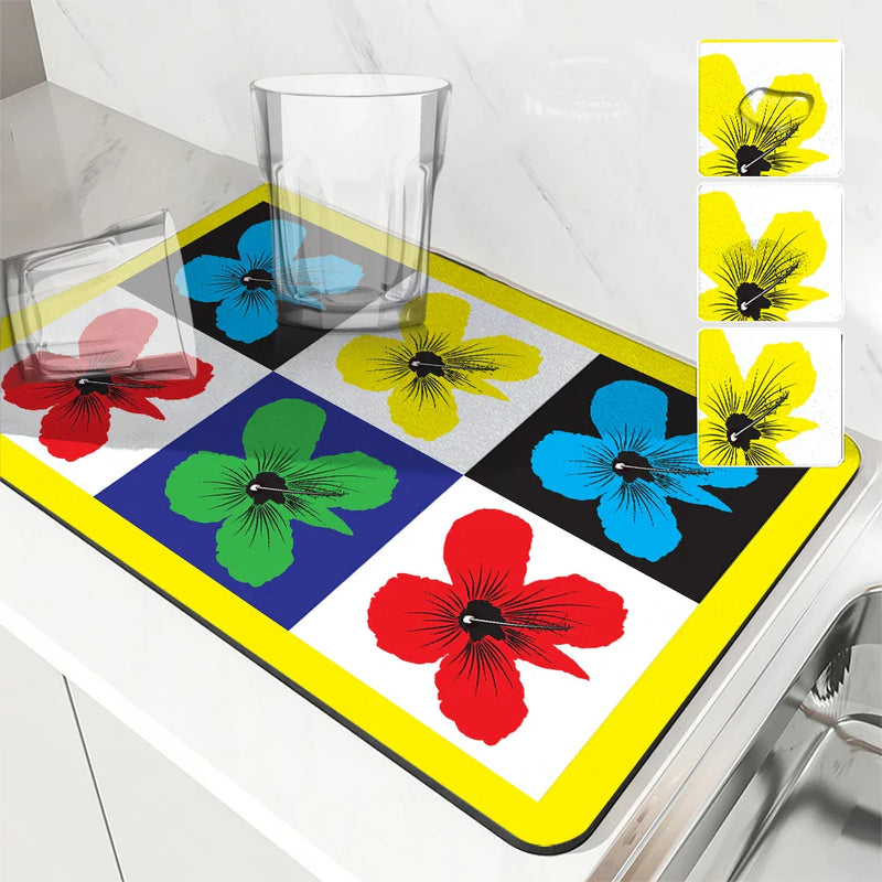 Axyaa Floral Drain Pad: Absorbent Anti-slip Kitchen & Bathroom Mat