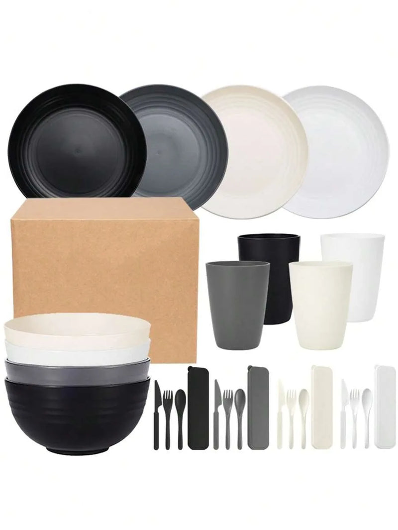 Axyaa 28pcs Plastic Tableware Set: Plate, Bowl, Cup, Cutlery - Reusable for Home, Hotel, Party