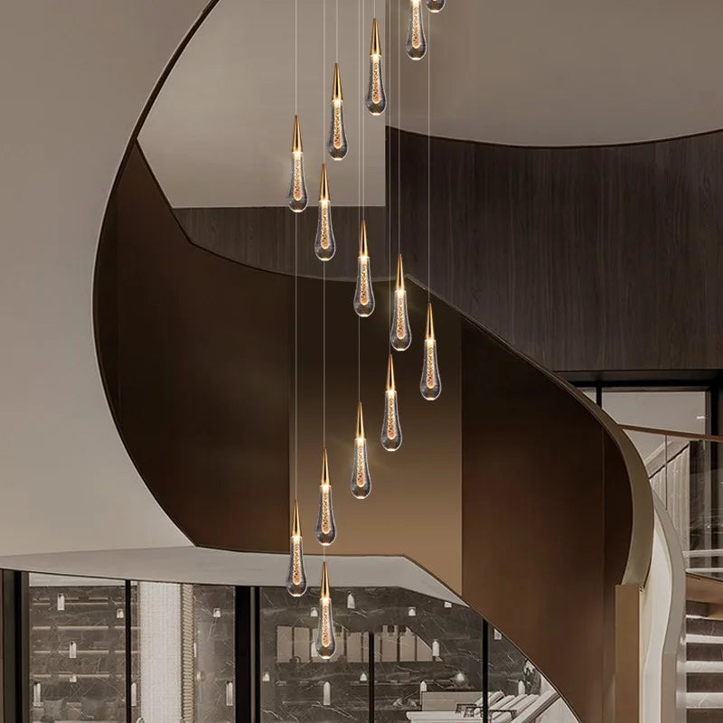 Axyaa Water Drop LED Chandelier for Revolving Stair Lighting in Luxury Villa